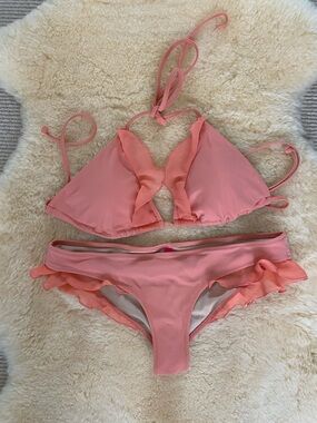Victoria's Secret Pink Bikini Set Peach Ruffles Large Top/ Small Bottom